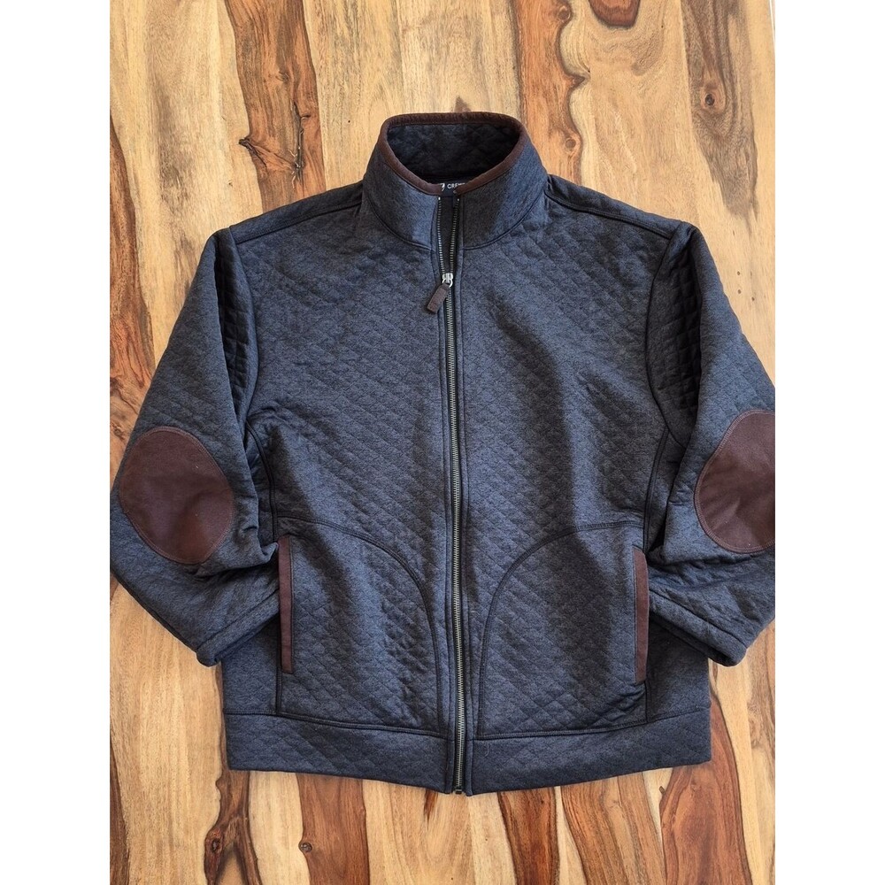 Cremieux Classics,  Gray Quilted Jacket With Brown Elbow Patch & Pockets Sz L